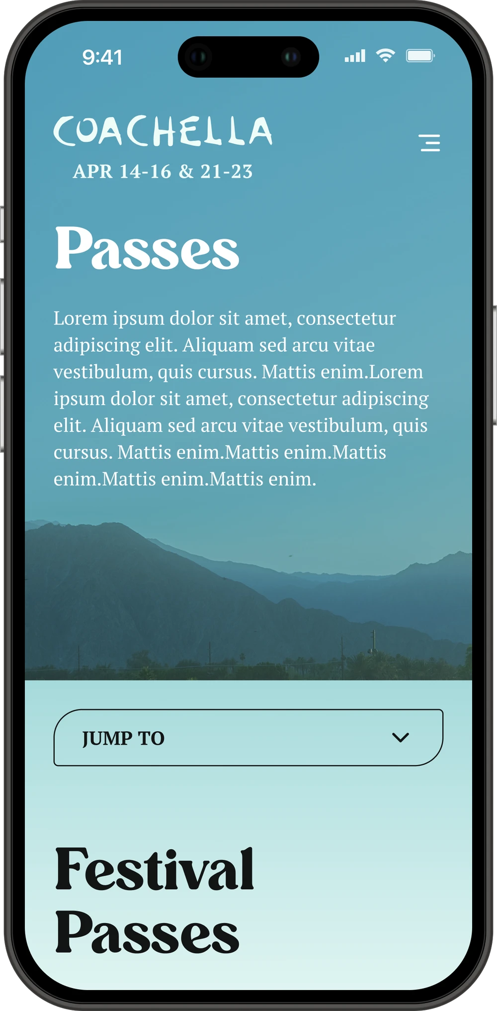 Mobile Passes page with balloon chain animation, gradient sky background, and jump-to navigation