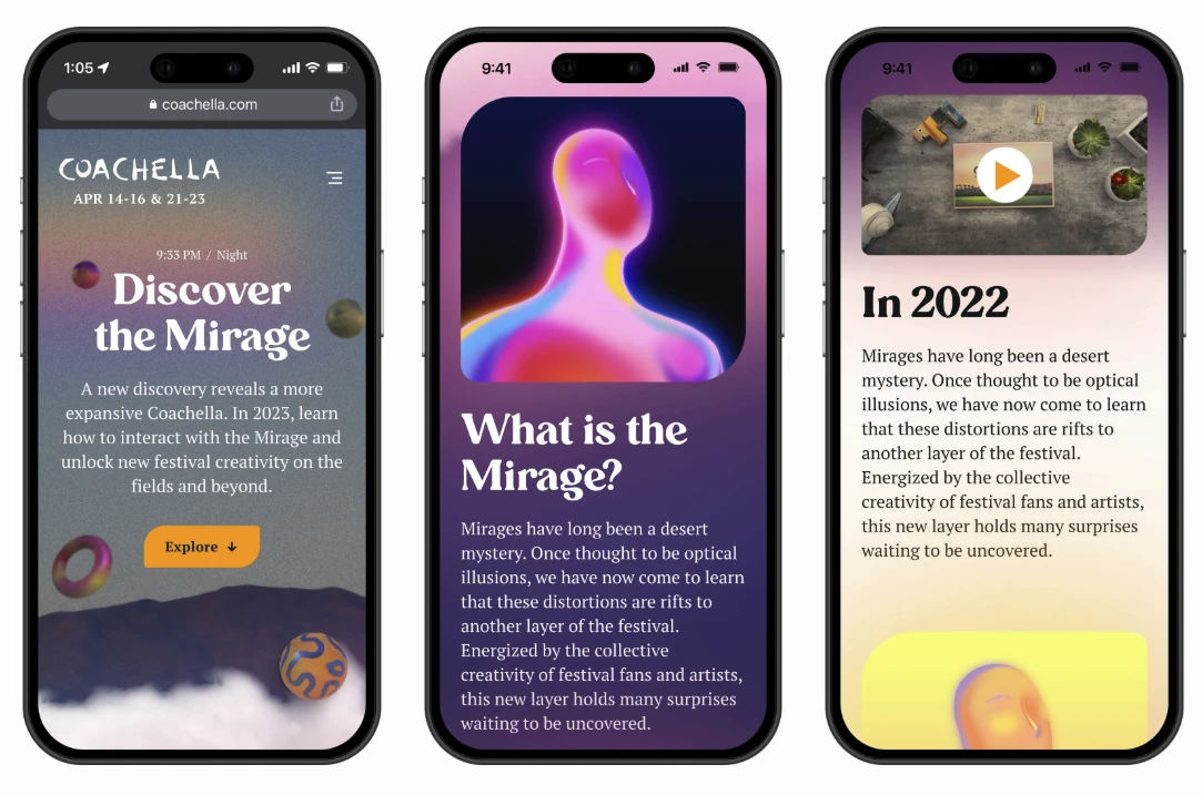 Three iPhone mockups showing The Mirage feature: discovery page, AR content, and day-night cycle