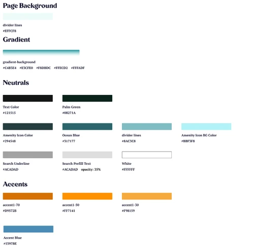 Color palette specification showing backgrounds, gradients, neutrals, and accent tokens