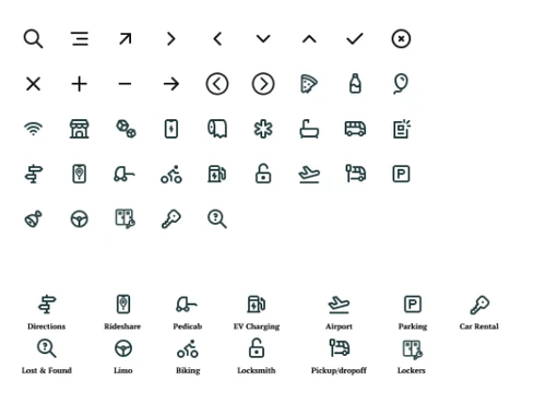 Custom icon set for navigation and festival amenities including rideshare, EV charging, and wayfinding