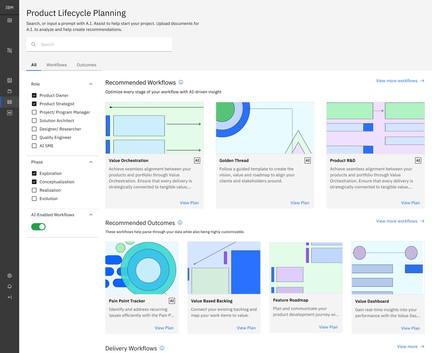 IGX Product Lifecycle Planning dashboard with role and phase filtering