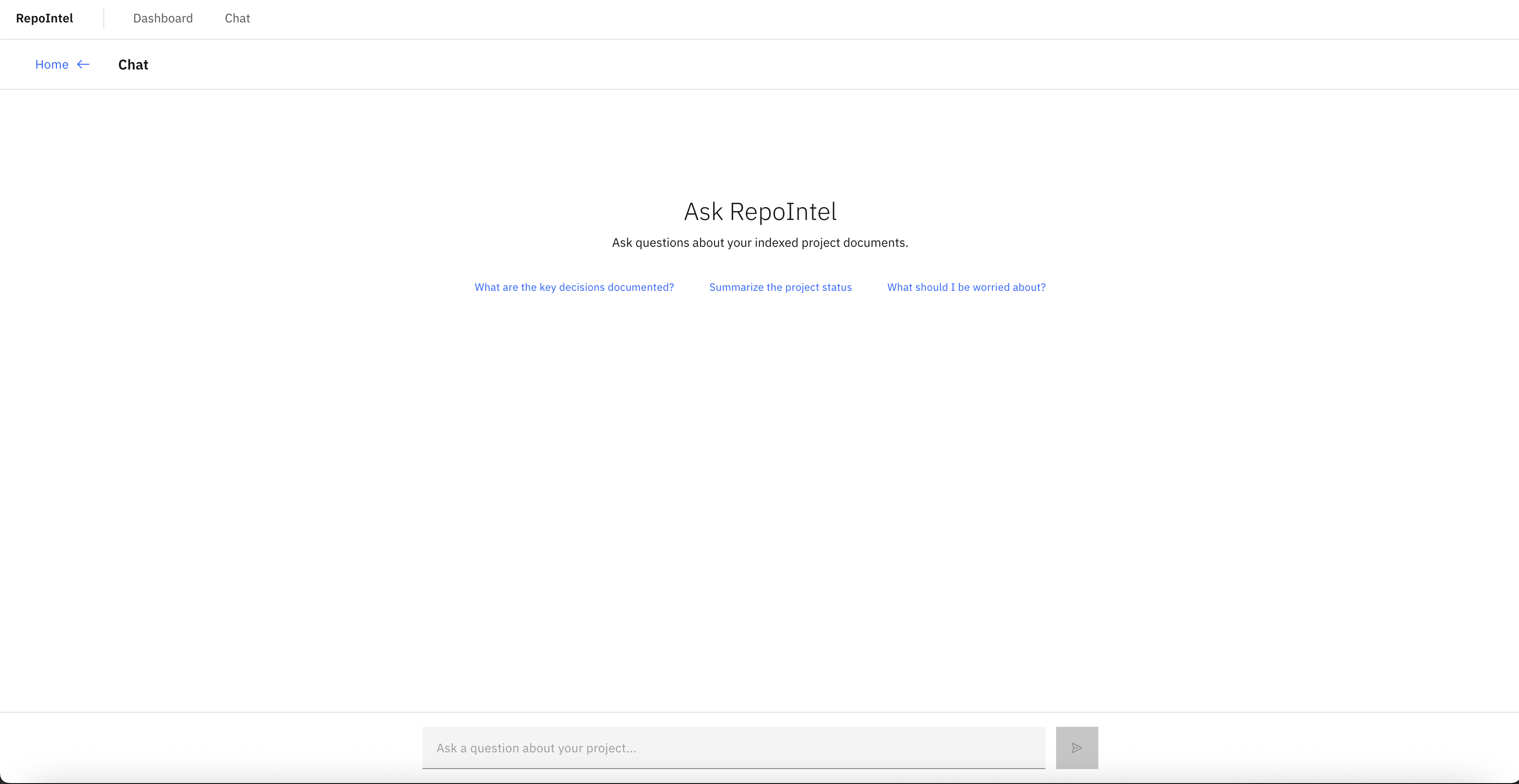 RepoIntel chat interface with suggested queries and input field