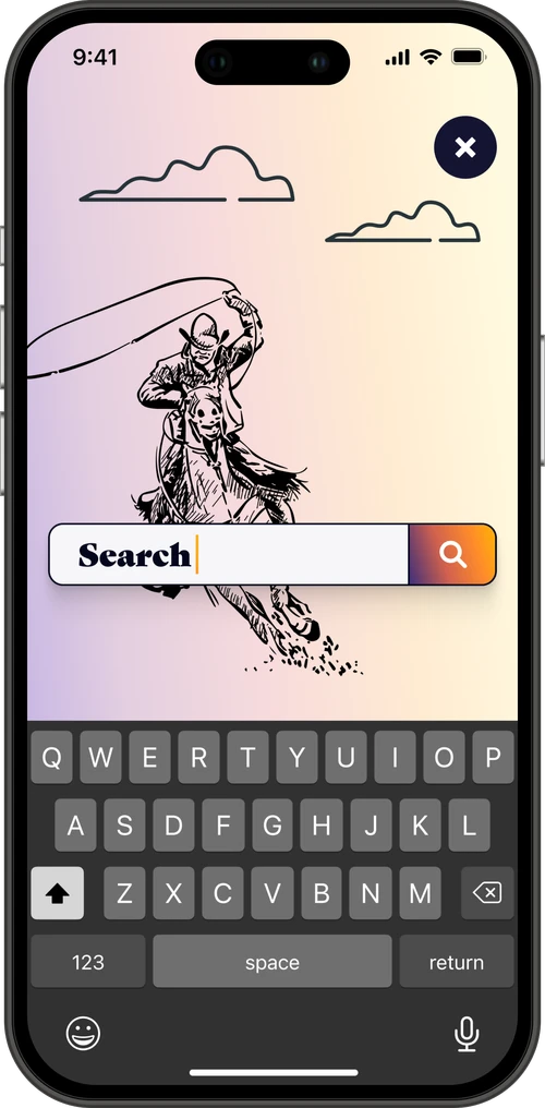 Mobile search overlay with hand-drawn cowboy illustration and sunset gradient