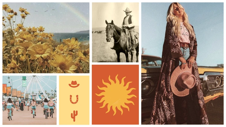 Stagecoach moodboard with sunflowers, cowboy on horseback, festival cyclists, and warm desert tones