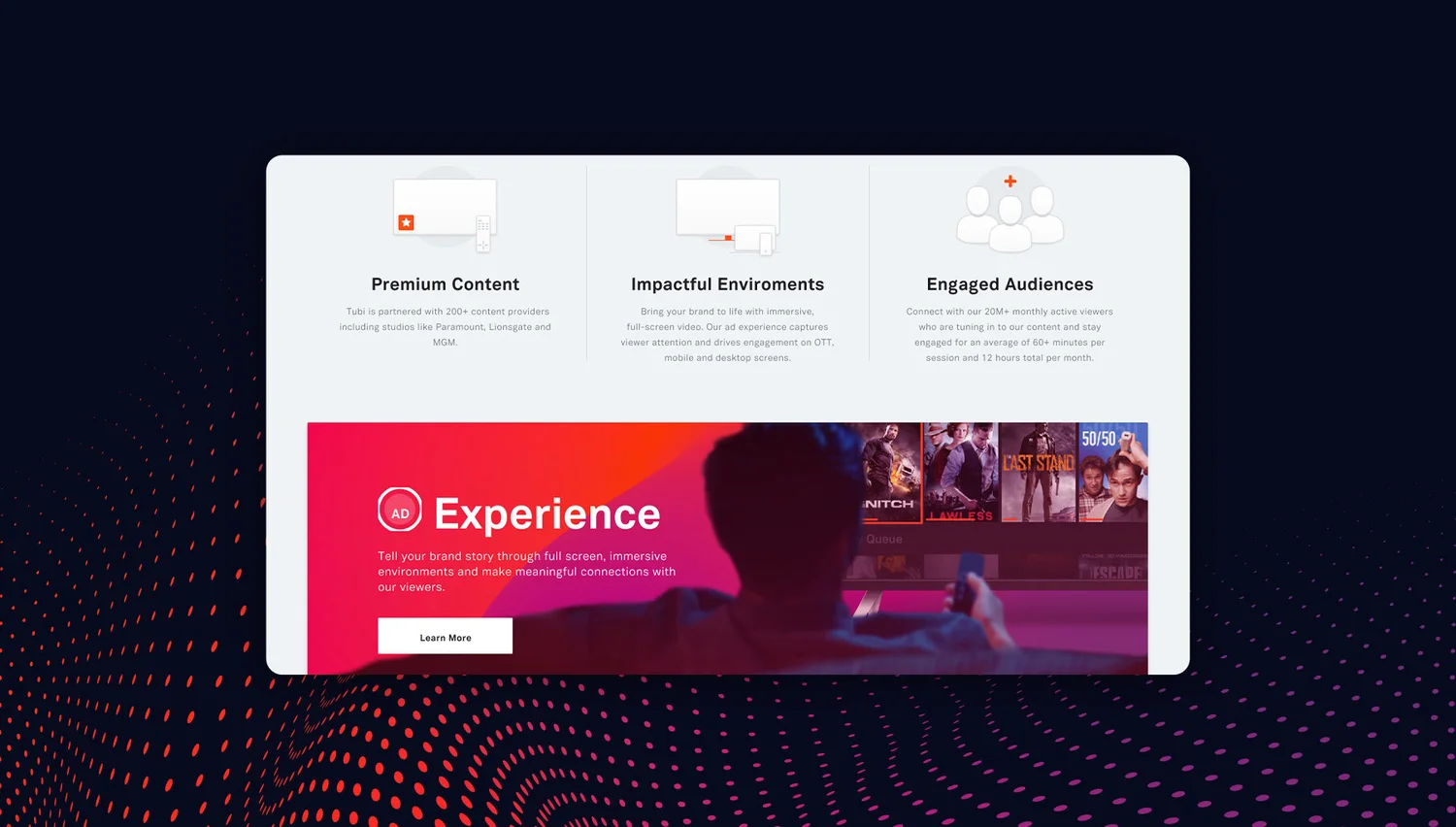 Partners site features section: Premium Content, Impactful Environments, and Engaged Audiences with the Ad Experience showcase