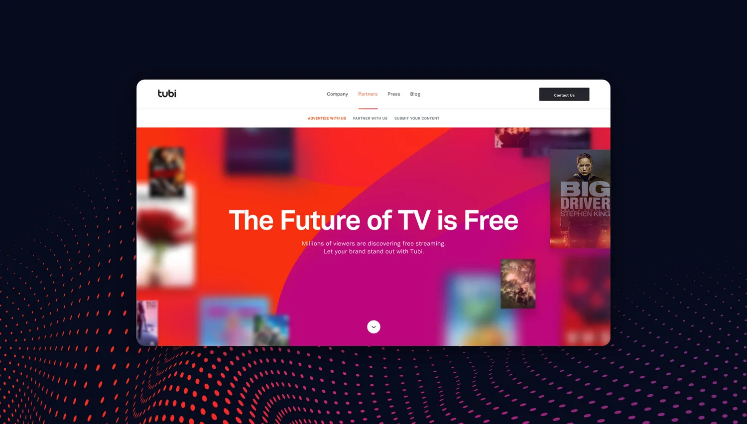 Tubi Partners site hero: The Future of TV is Free headline with movie poster collage on gradient background